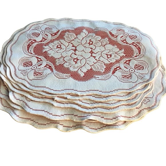 Lot 4 White Lace Plate Mats Double Sided Red Cotton One Side Table Place Mats - Picture 1 of 4